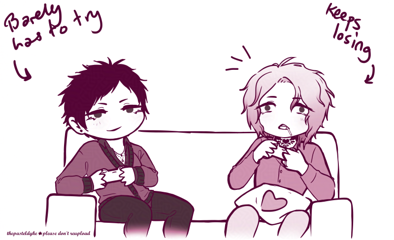 Chibi drawing of Hokuto and Akito from the manga Countdown 7 days sitting on a couch, video game controllers in their hands. Hokuto looks relaxed while Akito looks surprised. Text next to Hokuto reads 'Barely has to try', text next to Akito reads 'keeps losing'.